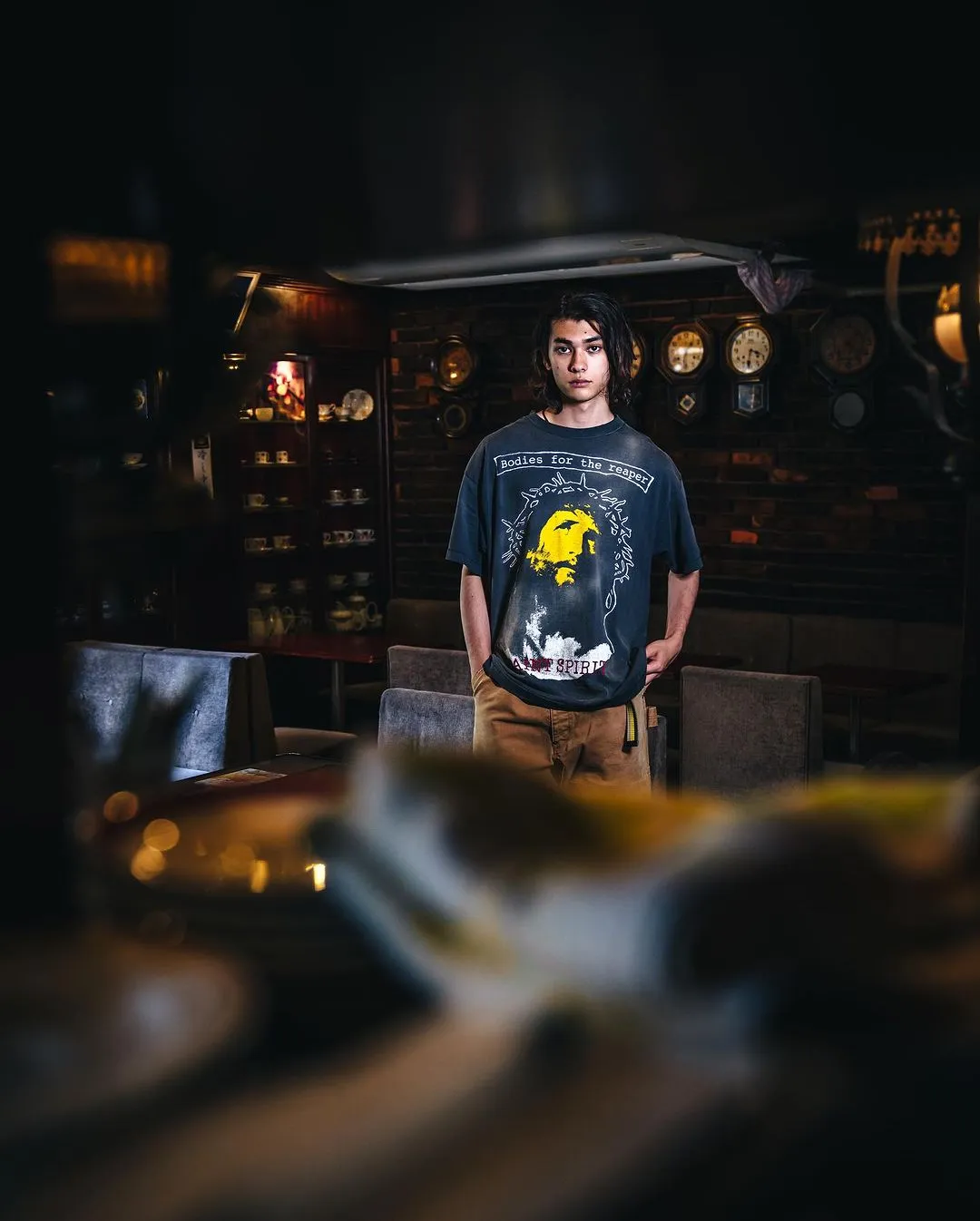 SAINT MICHAEL SS TEE/B FOR REAPER Jesus Hell's Angels Washed and Distressed Short Sleeves Washed Black S-XL Garment Dyed Printed Washed and Distressed